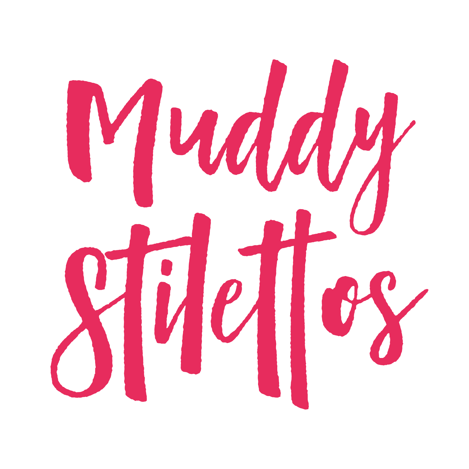 Pink cursive writing of the Muddy Stilettos logo.